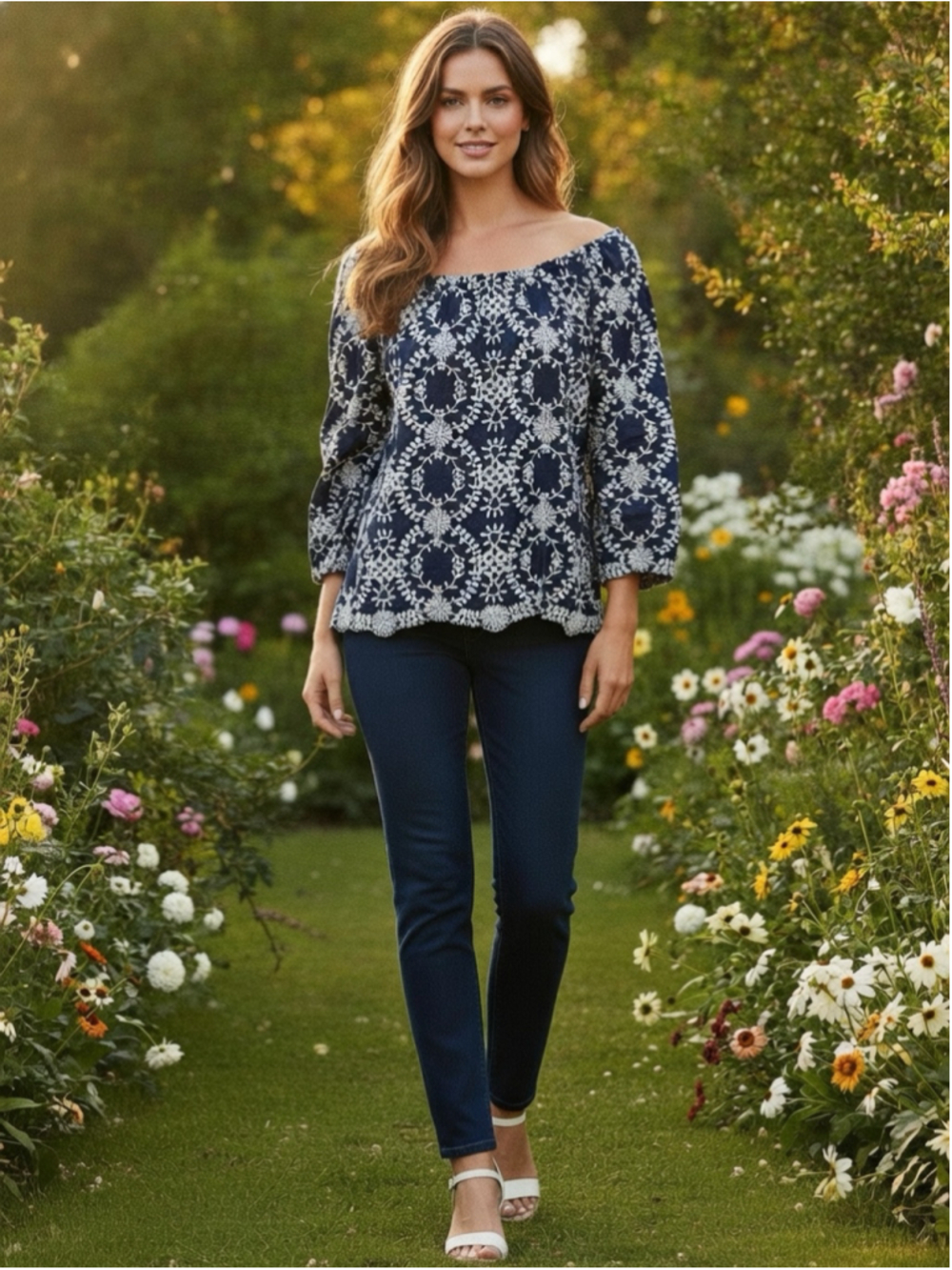 Charter Club Ocean Drift Embroidered Off-Shoulder Top Size L NWT Navy Blue